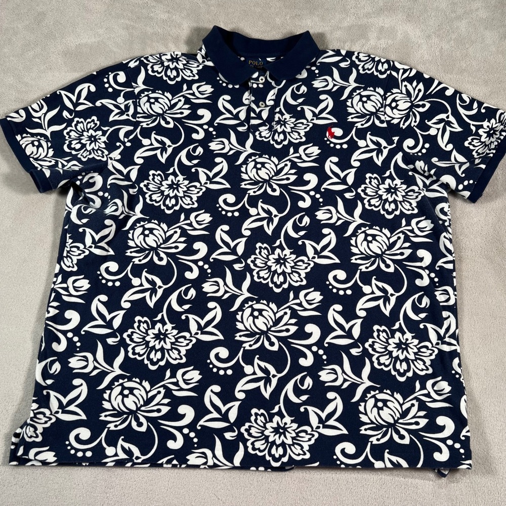 Polo Ralph Lauren Polo Shirt Men's XXL Navy White Pony Classic Fit Floral Pique